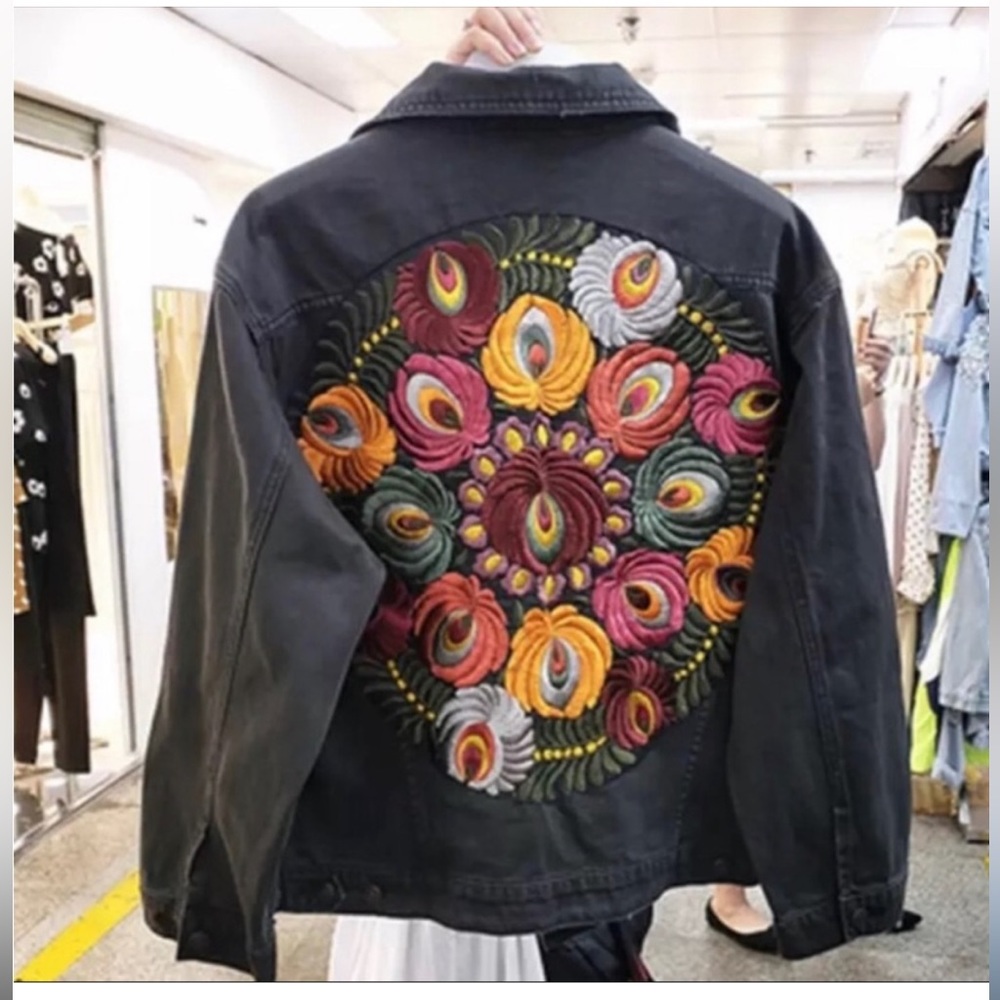 Black bohemian stitched embroidered denim jacket coat - Picture 3 of 15
